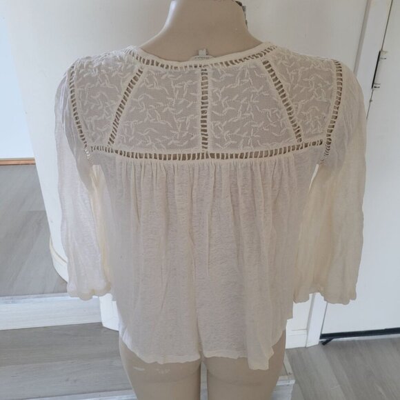 LUCKY BRAND White Gauzy Lace Embrodered Short Sleeve Top S boho Chic hippie - Picture 3 of 4